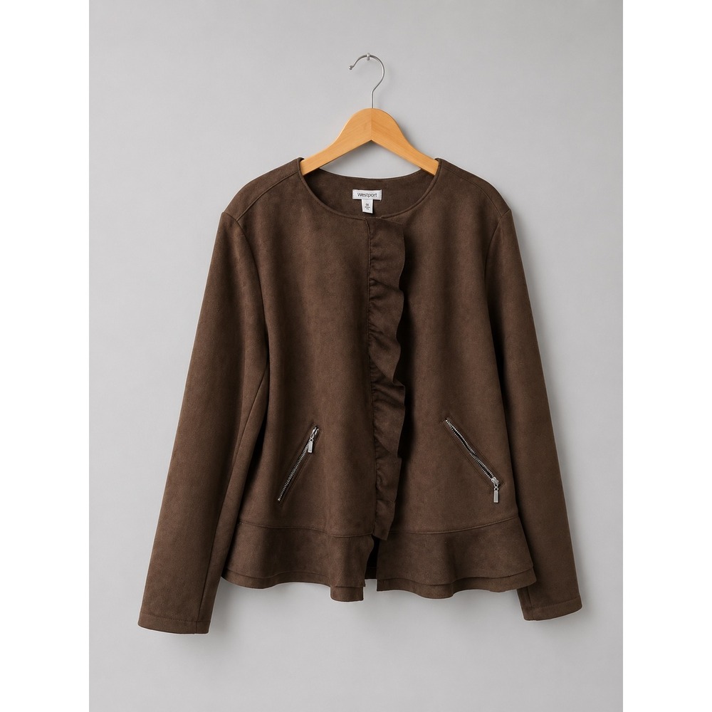 Plus Size Brown Faux Suede Ruffle Jacket Dark Academia Women's Boho Chic Size 1X